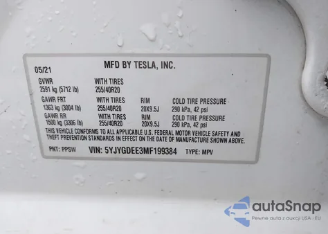 2021 Tesla Model Y Long Range Dual Motor All-Wheel Drive z USA, uszkodzony, nr VIN 5YJYGDEE3MF199384